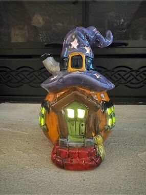 Witch Cottage Hand Painted Ceramic Light Up Halloween House with Original Box